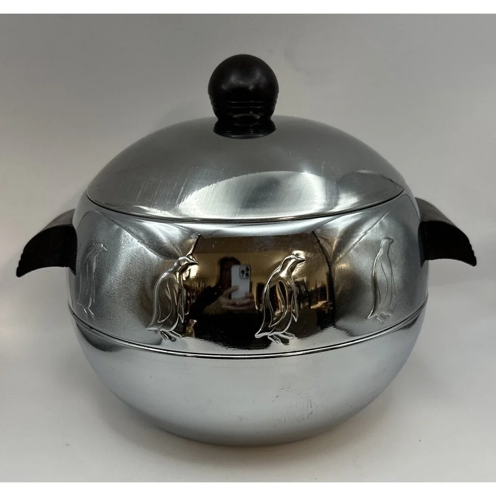 Westbend Ice Bucket Penguin Bakelite Handles Round Hot & Cold Aluminum Vintage
